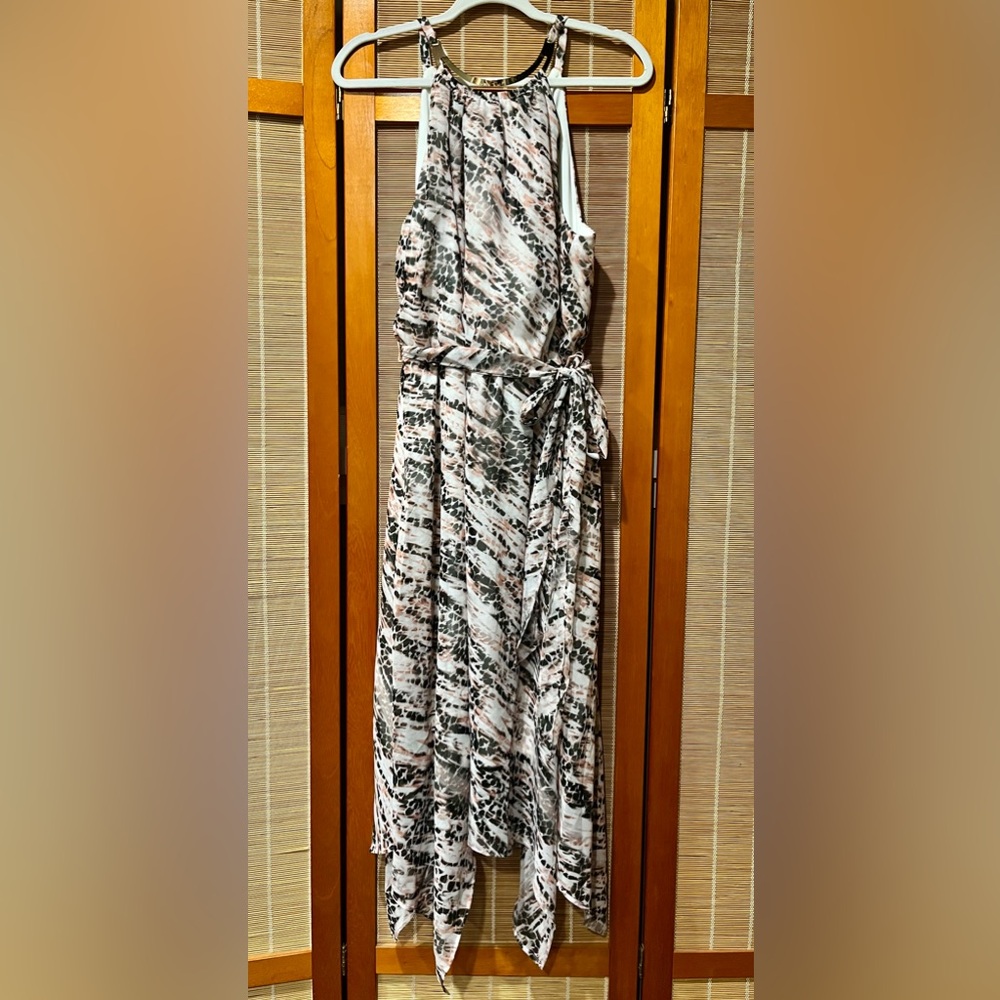Thalia Sodi white, black & pink handkerchief hemline midi dress, size XL